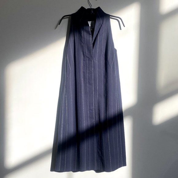 AKRIS Punto S5A Navy Pinstripe Pleat-Collar Sleeveless Midi Tent Dress sz 8 M - Picture 2 of 11